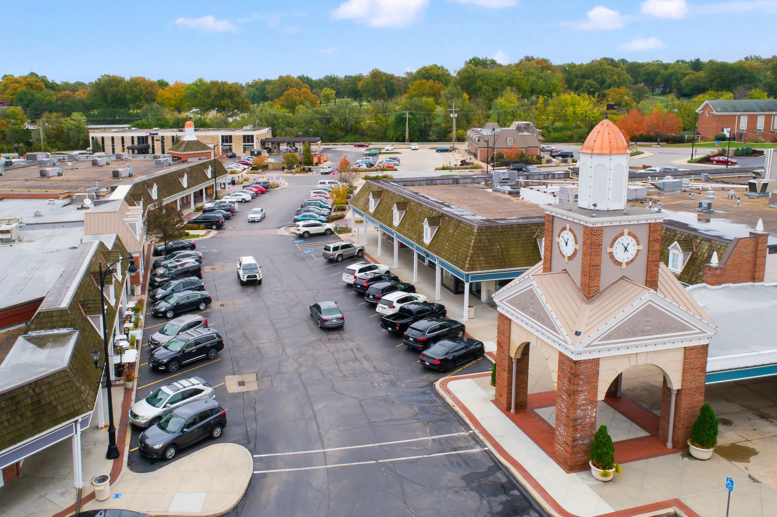 Aerial View of Shopping Center with Clocktower