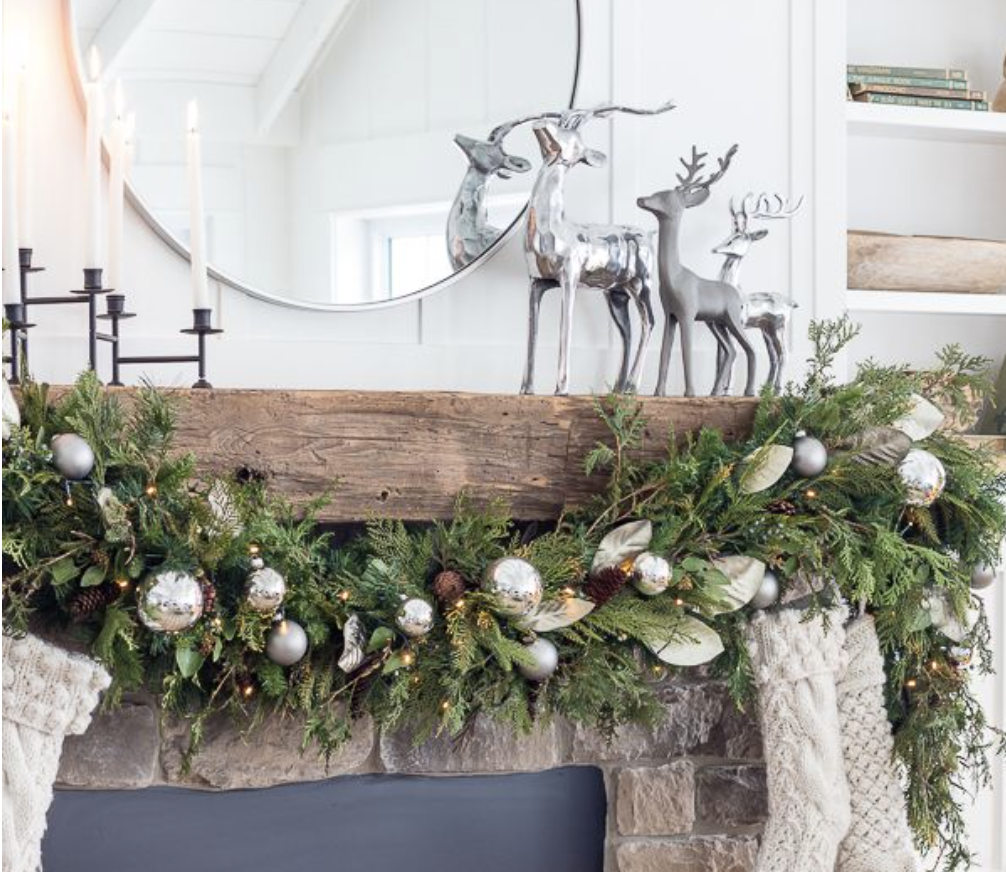 garland hanging on a fireplace